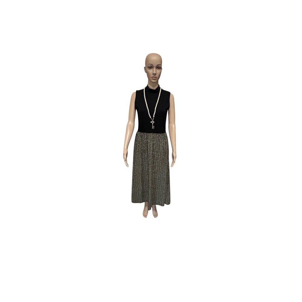 J.Crew Black Mock Neck‎ Sleeveless Metallic Pleated Midi Dress CP558 Size M NEW